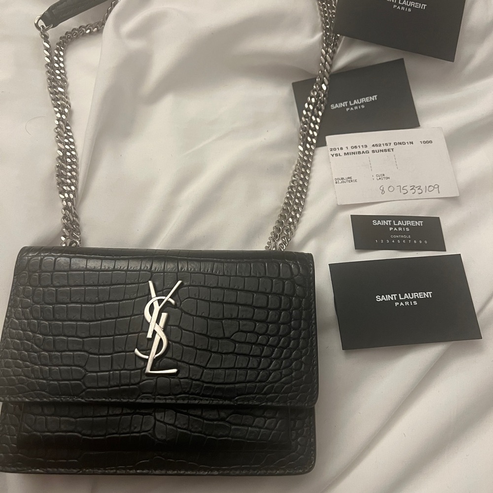 Saint Laurent Black Croc-Embossed Shoulder Bag